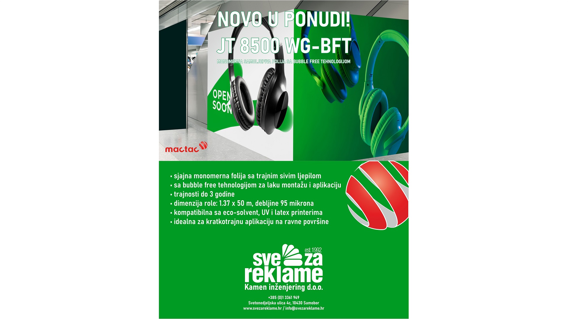 MacTac JT 8500 WG-BFT monomerna bubble free samoljepiva folija